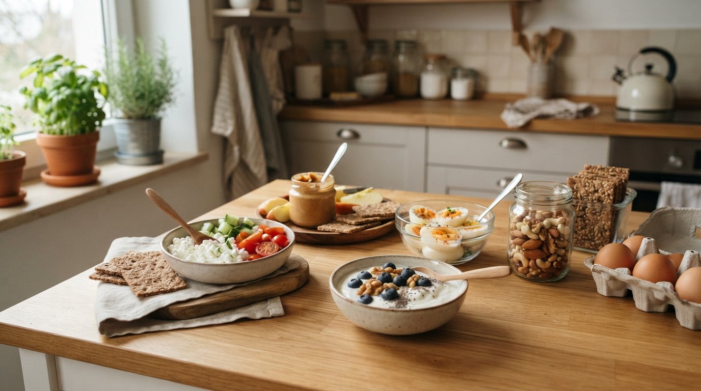 Protein snack photography illustrating 15 high-protein snacks without protein powder