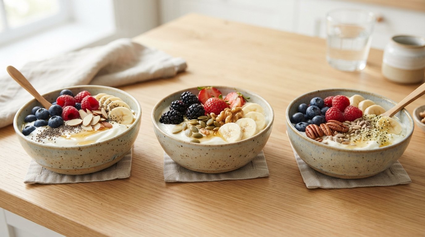 Protein snack photography illustrating high-protein evening snack ideas: sweet and savory options