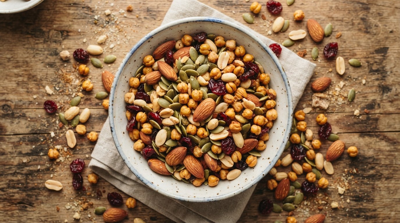 Protein snack photography illustrating homemade high-protein trail mix with nuts, seeds and roasted legumes
