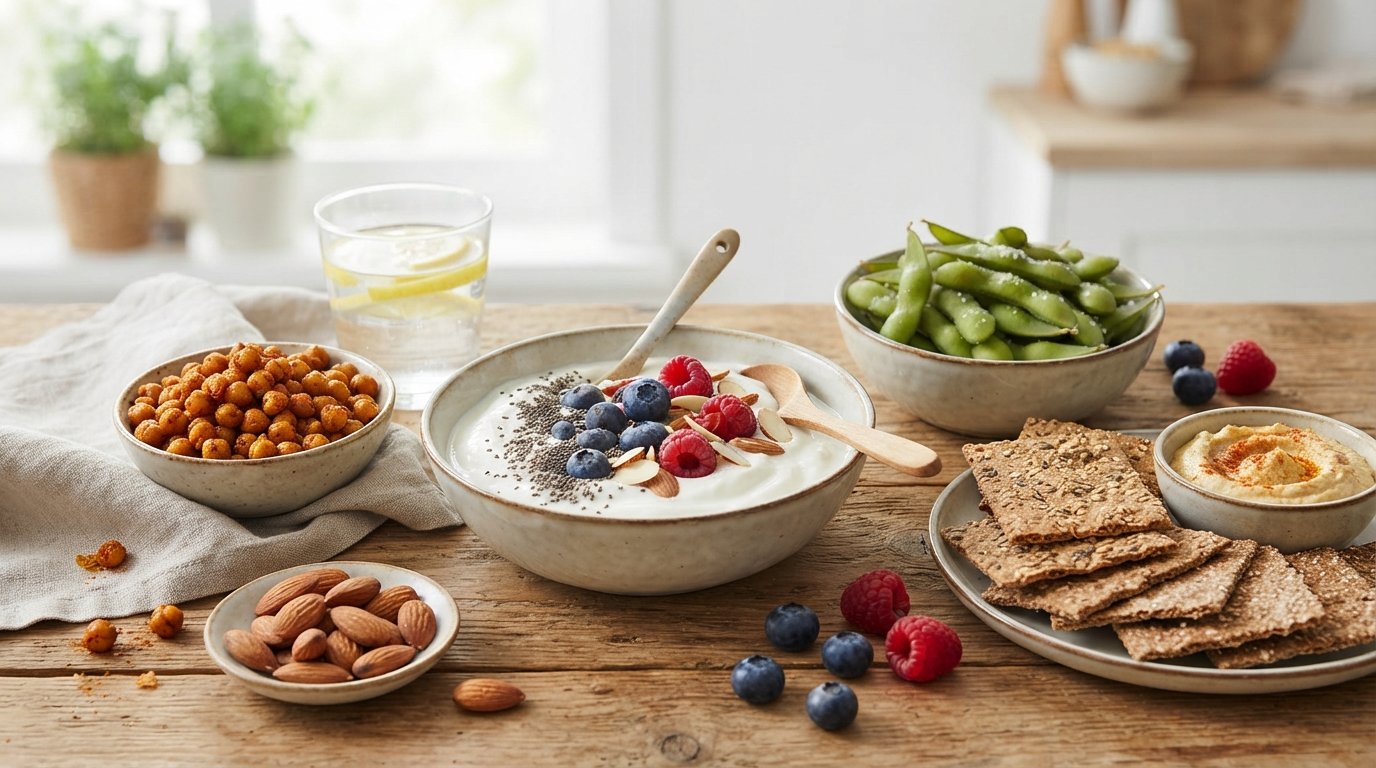 Protein snack photography illustrating plant-based high-protein snacks made from everyday foods