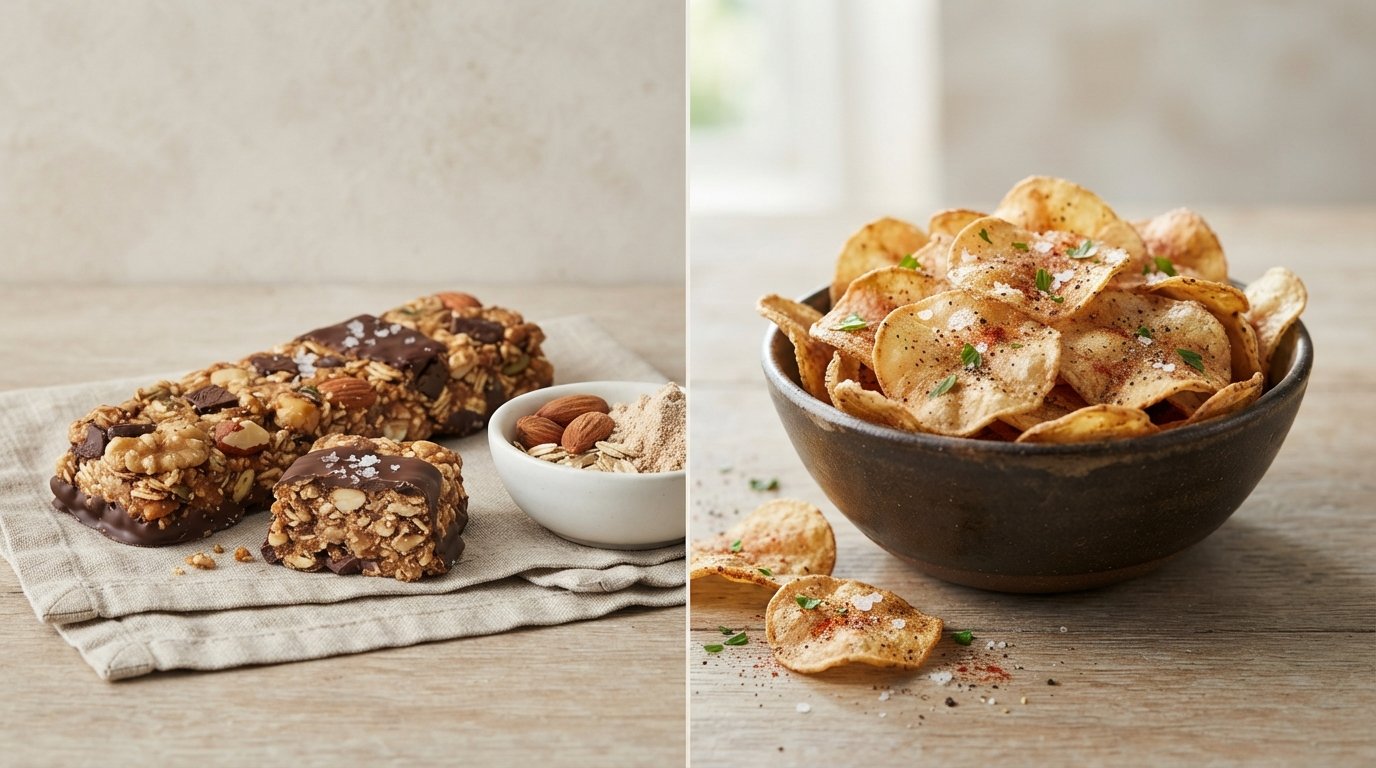 Protein snack photography illustrating protein bars vs protein chips: how do they differ?